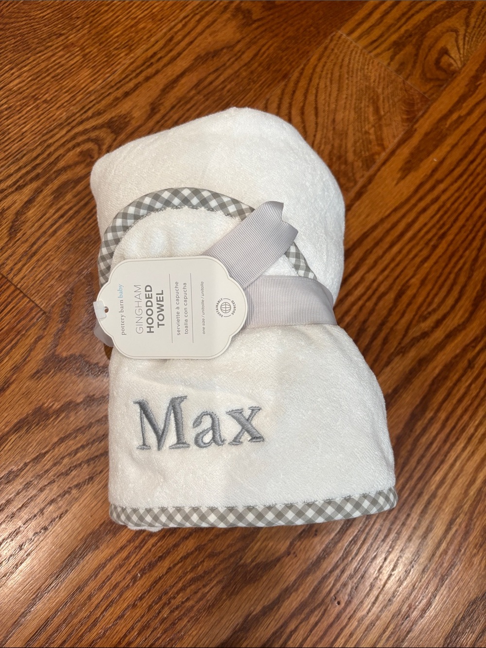 Pottery Barn Baby White/Grey Gingham Baby Hooded Towel
